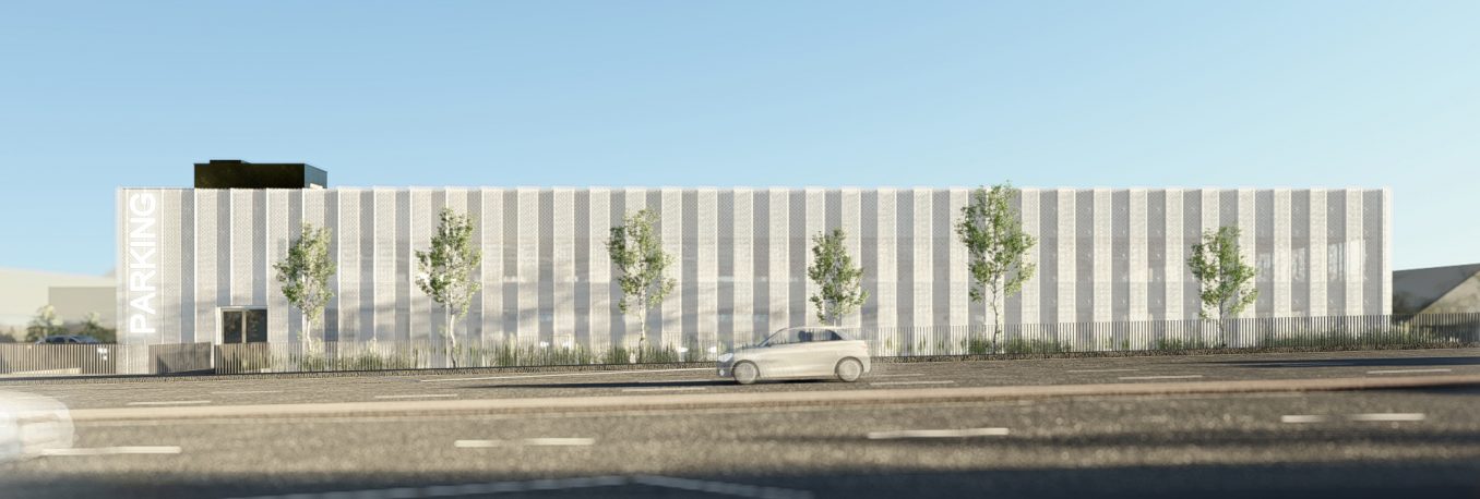 render drogi na tle której znajduje się parking